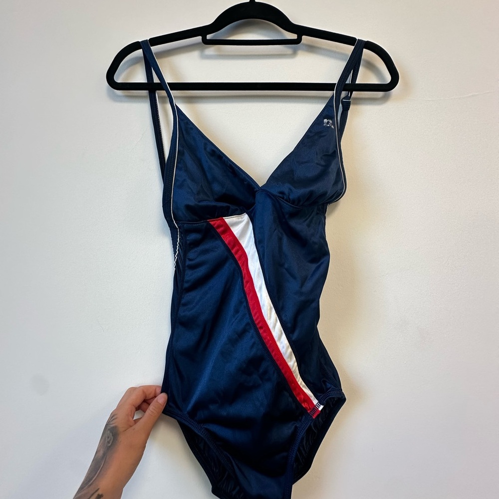 Navy Swimsuit with Red and White Stripe